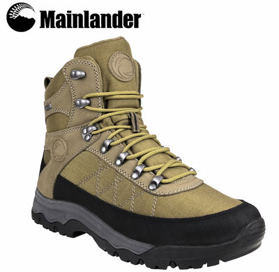 Beige hiking boot with black sole on a white background, featuring the Mainlander brand.