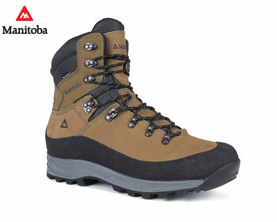 Brown hiking boot with black accents on a white background, featuring the Manitoba brand.
