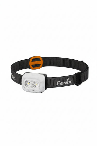 A Fenix headlamp with a black adjustable headband, an orange buckle, and a white rectangular lamp housing with two visible LEDs, shown on a plain white background.