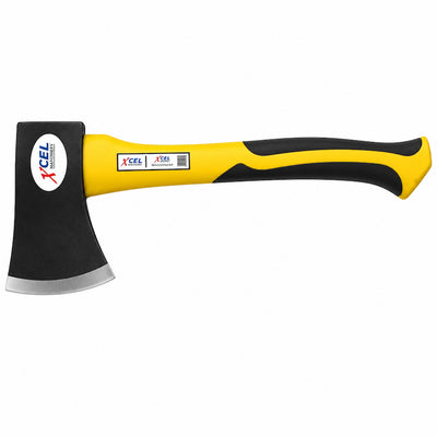 yellow handled small axe with black blade on a white background