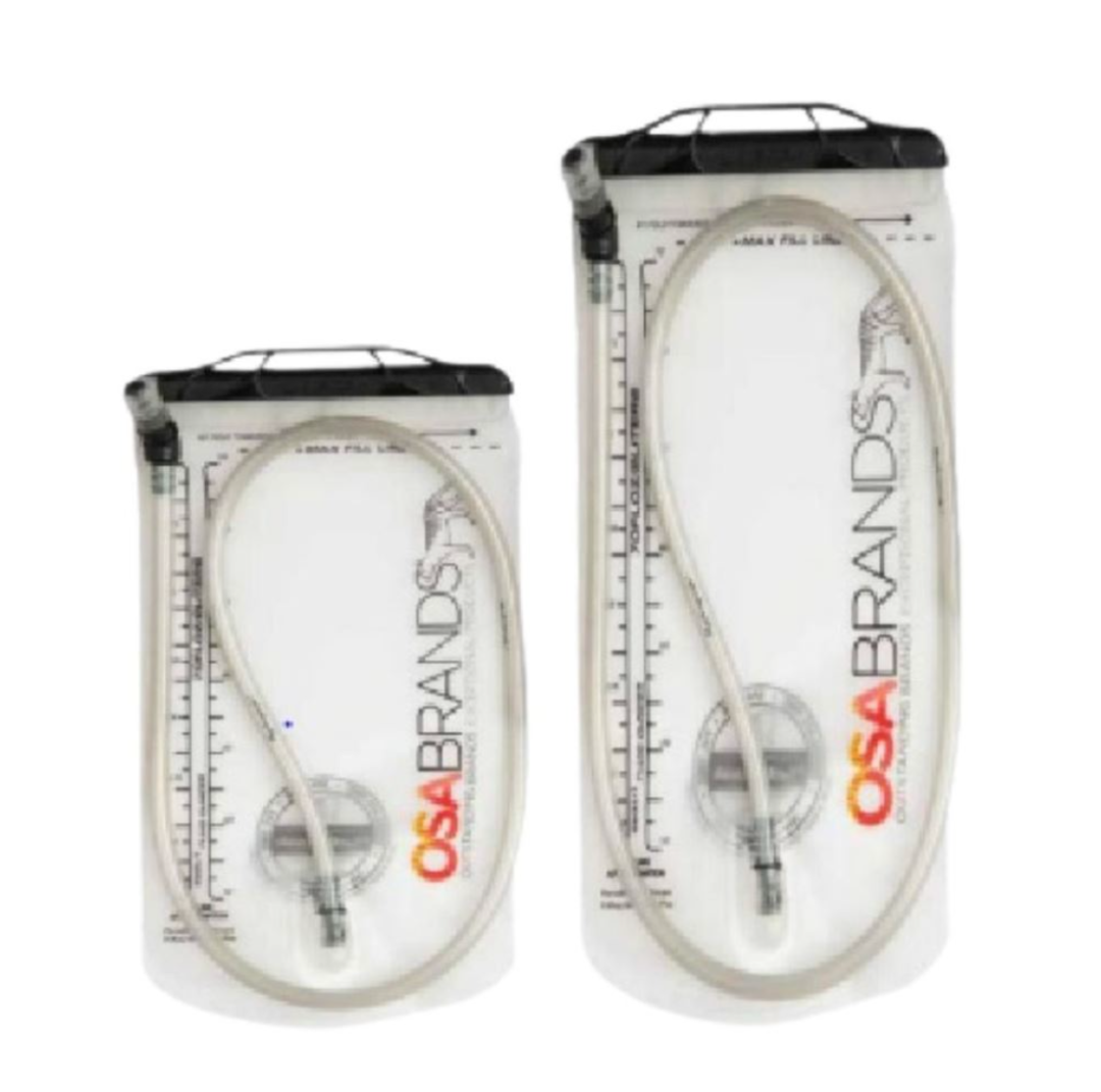 Two clear TPU water bladders with measurement markings and a flexible hose, branded with 'OSABrands'.