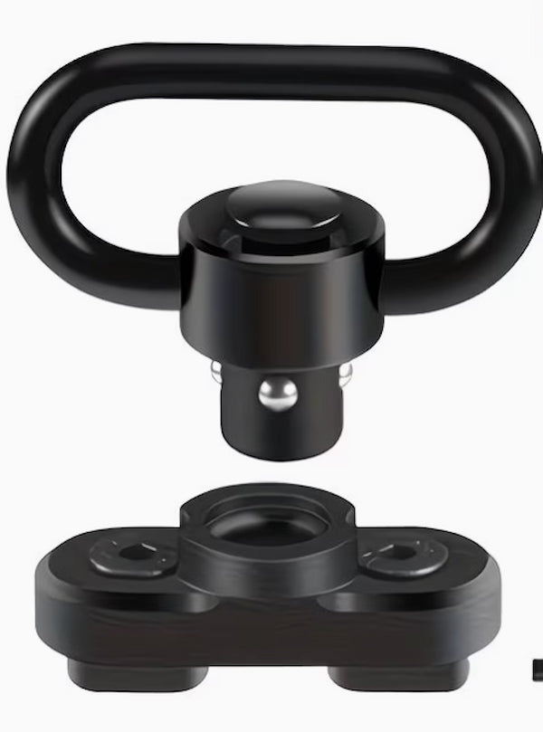Black metal QD (quick-draw) swivel and spool on a white background