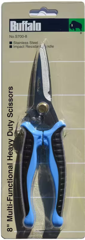 8-inch multi-functional heavy-duty scissors with blue handles on a beige packaging background, featuring the Buffalo brand.
