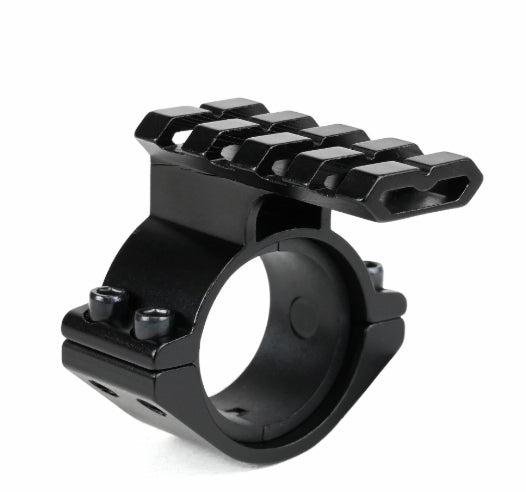 A black metal ring clamp with a top mounting plate, shown on a plain white background.