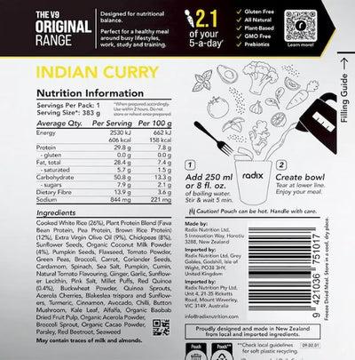 Nutrition label for Indian Curry from The V9 Original Range
