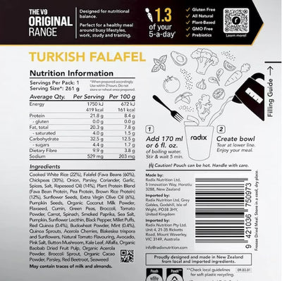 Nutrition label for Turkish Falafel with ingredients and preparation instructions.