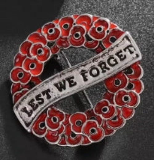ANZAC LEST WE FORGET enamel poppy badge - Black, White, Silver or Gold