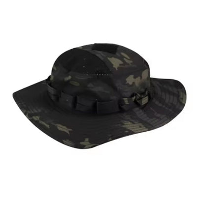A black camouflage boonie hat with mesh vents designed for outdoor activities.