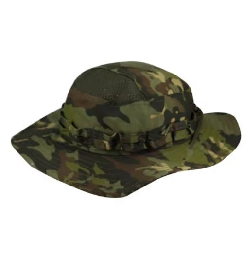 A multicam tropical boonie hat with mesh vents designed for outdoor activities.