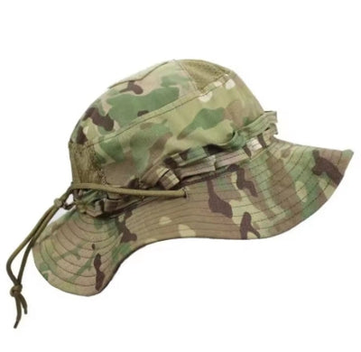 A camouflage boonie hat with mesh vents and an adjustable chin strap.
