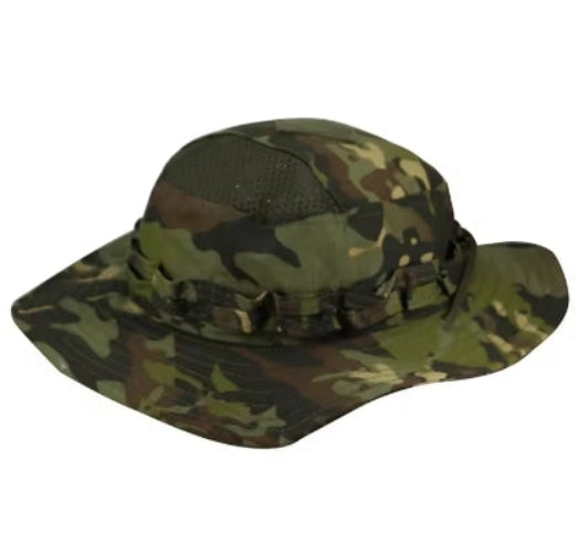 A camouflage boonie hat with mesh vents and a flexible brim.