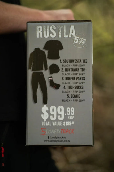 Rustla clothing set packaging with product images and pricing on a blurred background