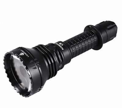 Black flashlight with visible brand logo on a white background