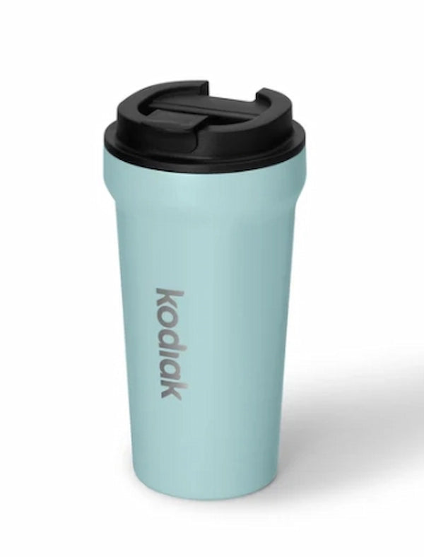 Light blue travel mug with black lid on a white background