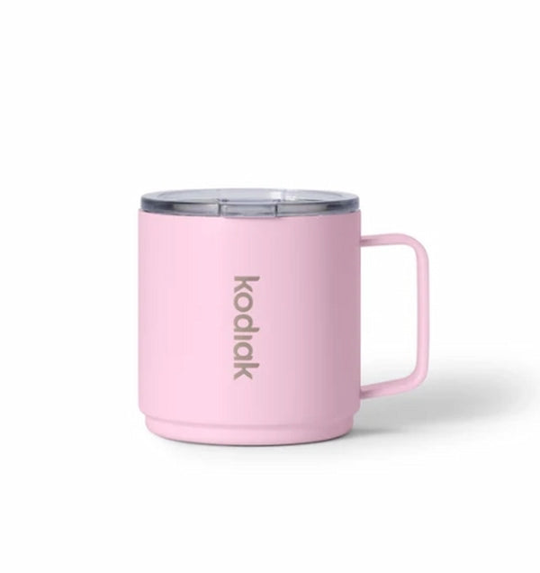 Pink insulated mug with 'Kodiak' branding on a white background