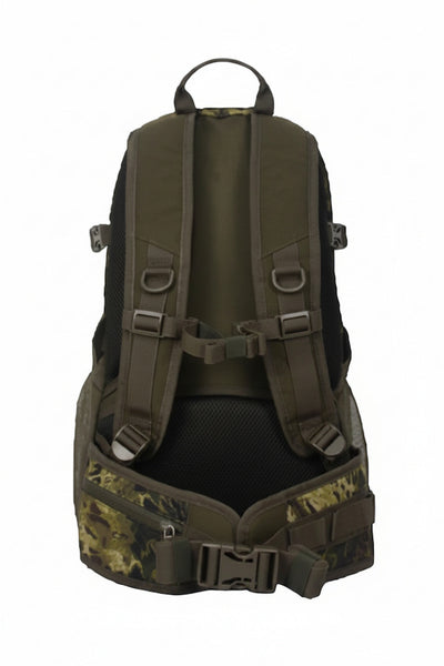 The back view of a tactical backpack in olive green and black with camouflage accents on the bottom corners, shown against a plain white background.