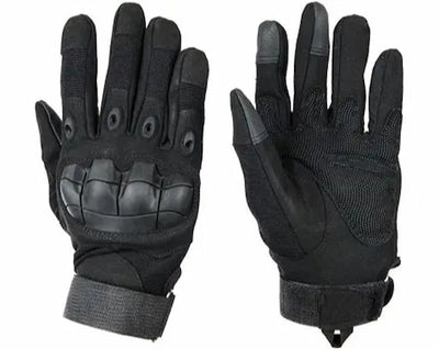 Pair of black tactical gloves on a white background