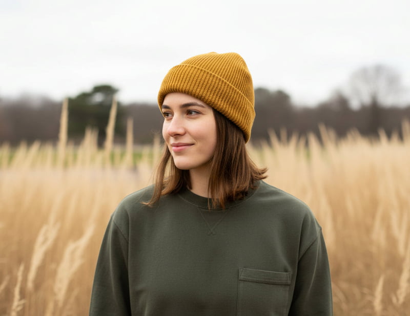 A woman wearing a mustard yellow ribbed knit beanie and an olive green crewneck sweatshirt standing in a field of dry golden grass.