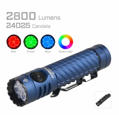 Blue flashlight with color options and lumens information on a white background