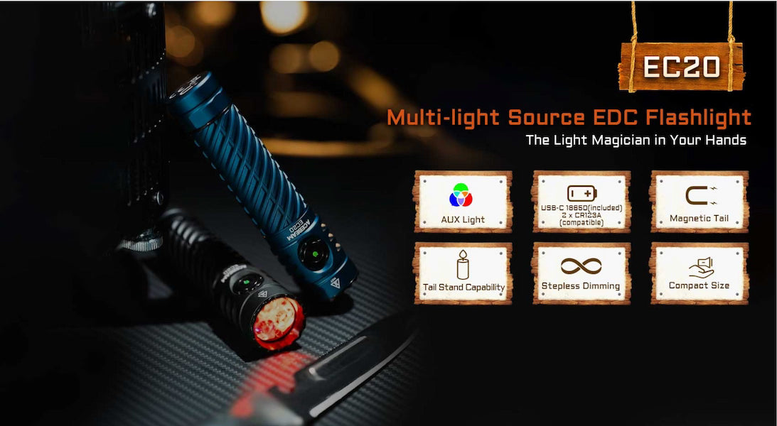 Multi-light source EDC flashlight with features listed on a dark background
