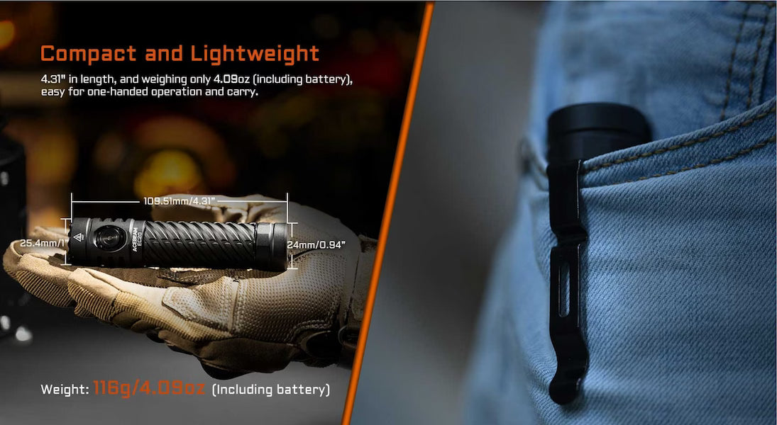Compact flashlight held in hand with text on weight and dimensions, attached to a pocket.