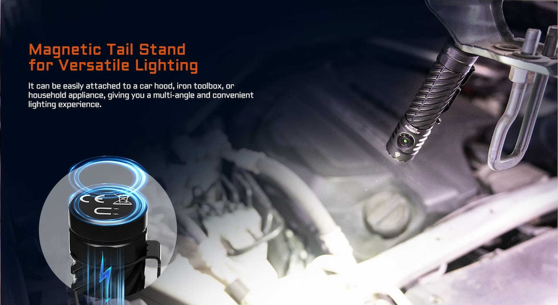 Magnetic tail stand for versatile lighting with text and close-up of device.
