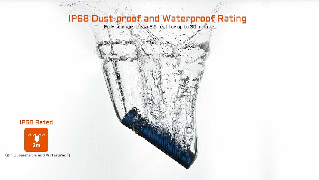 Product with water splashing over it, labeled IP68 dust-proof and waterproof rating on a white background.