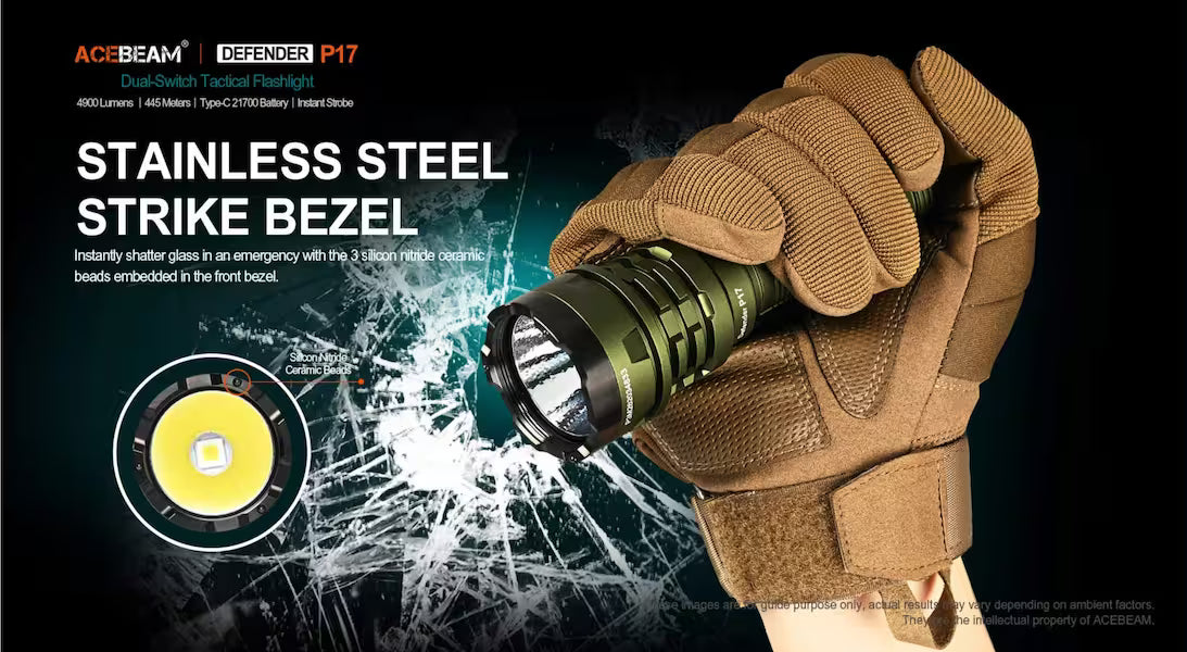 Hand holding a flashlight with a glove, featuring Acebeam branding and product details.