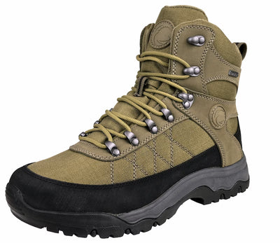 Khaki hiking boot with black sole on a white background