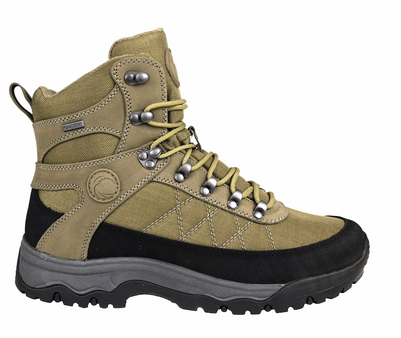 Tan hiking boot with black sole on a white background