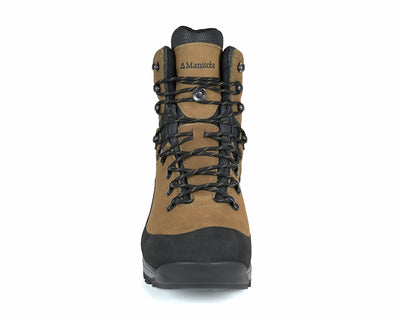 Brown hiking boot with black laces and sole on a white background