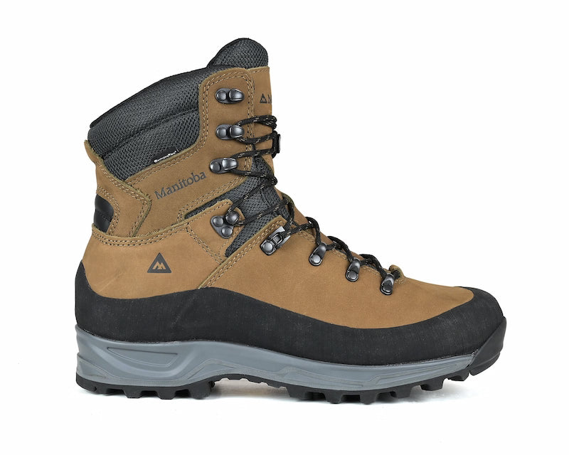 Brown and black hiking boot with visible brand logo on a white background