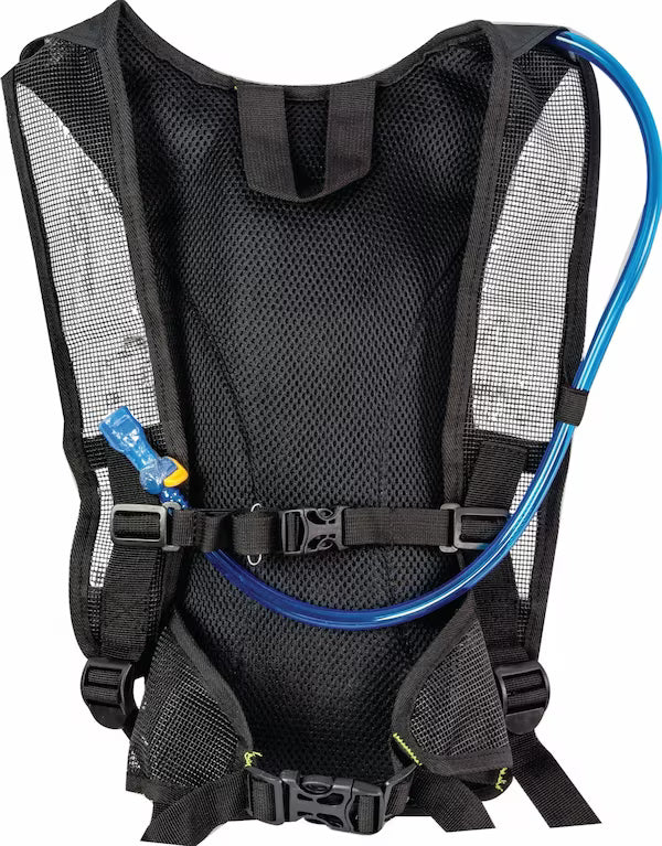 Black hydration backpack with a blue water tube on a white background