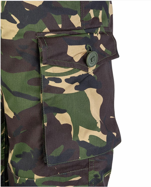 Camouflage pants with a button on a white background