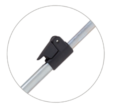 Black clip on a metal rod against a white background