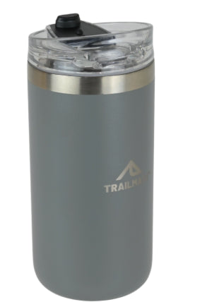 Gray tumbler with a black lid on a white background, featuring the Trailman logo.