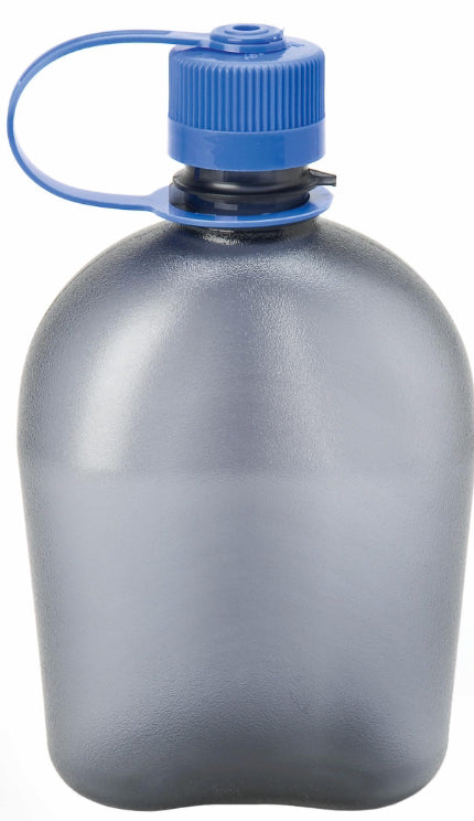 A translucent gray plastic canteen bottle with a ribbed blue screw cap and matching blue carrying loop, shown on a plain white background.
