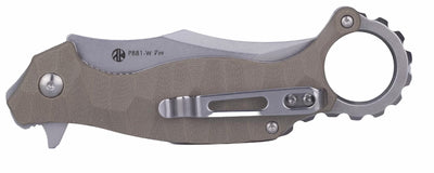 a closed folding knife with tan handle on a white background