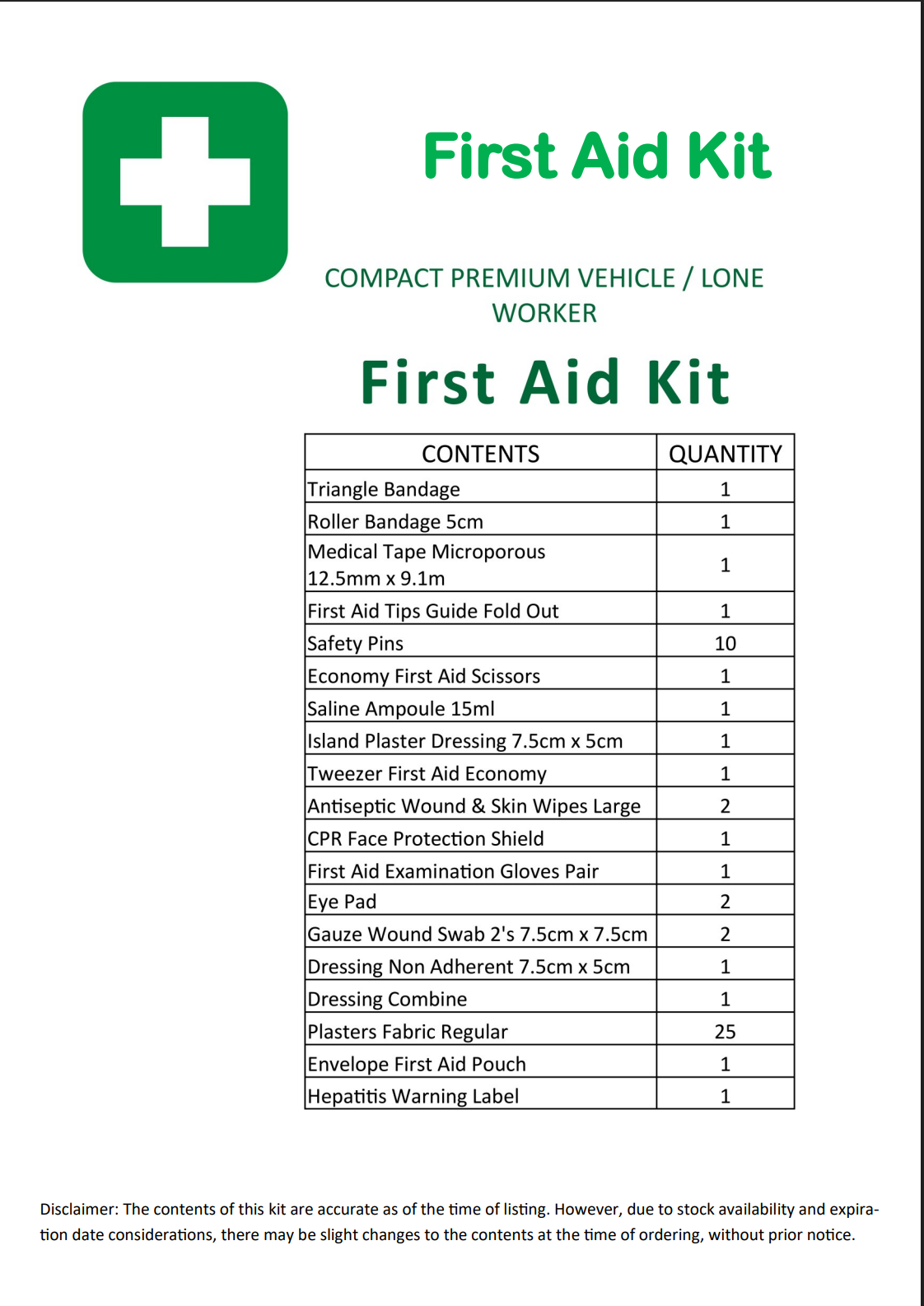 First aid Kit Premium Vehicle/Lone Worker in Envelope style