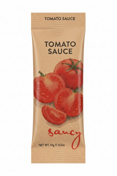 A single packet of tomato sauce on a plain white background. The packet is made of light brown kraft paper with illustrations of red tomatoes and the words 'TOMATO SAUCE' and 'saucy' printed on it.