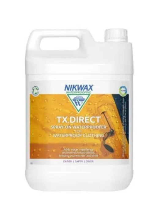 A 5-liter bottle of Nikwax TX Direct Spray-On waterproofing solution for clothing.