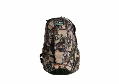 A backpack in a realistic tree bark camouflage pattern, featuring a green and white 'Realtree' logo patch on the front pocket, set against a plain white background.