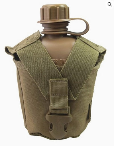 Brown canteen with green carrying case on a white background