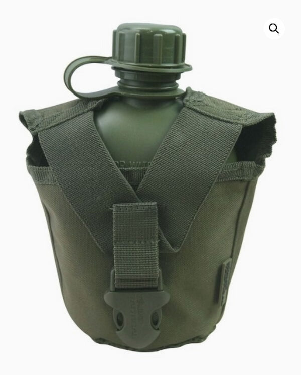 Green military canteen with carrying strap on a white background