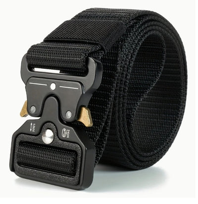 Black tactical belt with a metal buckle on a white background