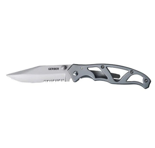 A Gerber Paraframe 2 Serrated ED folding knife with a silver stainless steel handle and a partially serrated blade.