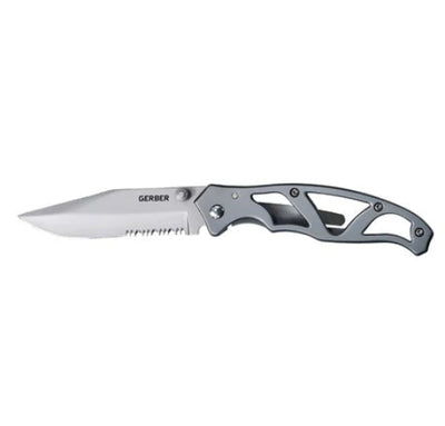 A Gerber Paraframe 2 Serrated ED folding knife with a silver stainless steel handle and a partially serrated blade.