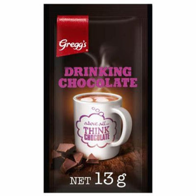 Gregg's drinking chocolate package with a cup of hot chocolate on a white background