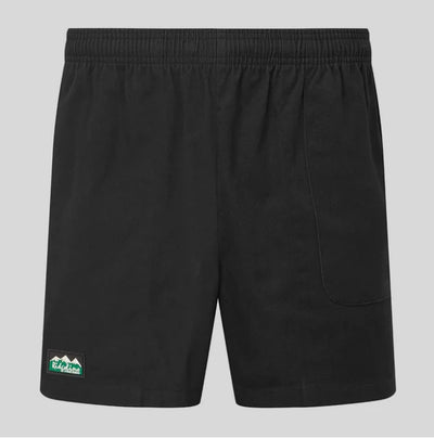 Black shorts with a logo on a gray background
