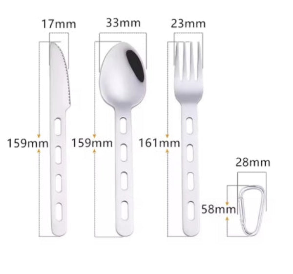 Measurement chart of a knife, spoon, and fork with dimensions labeled.